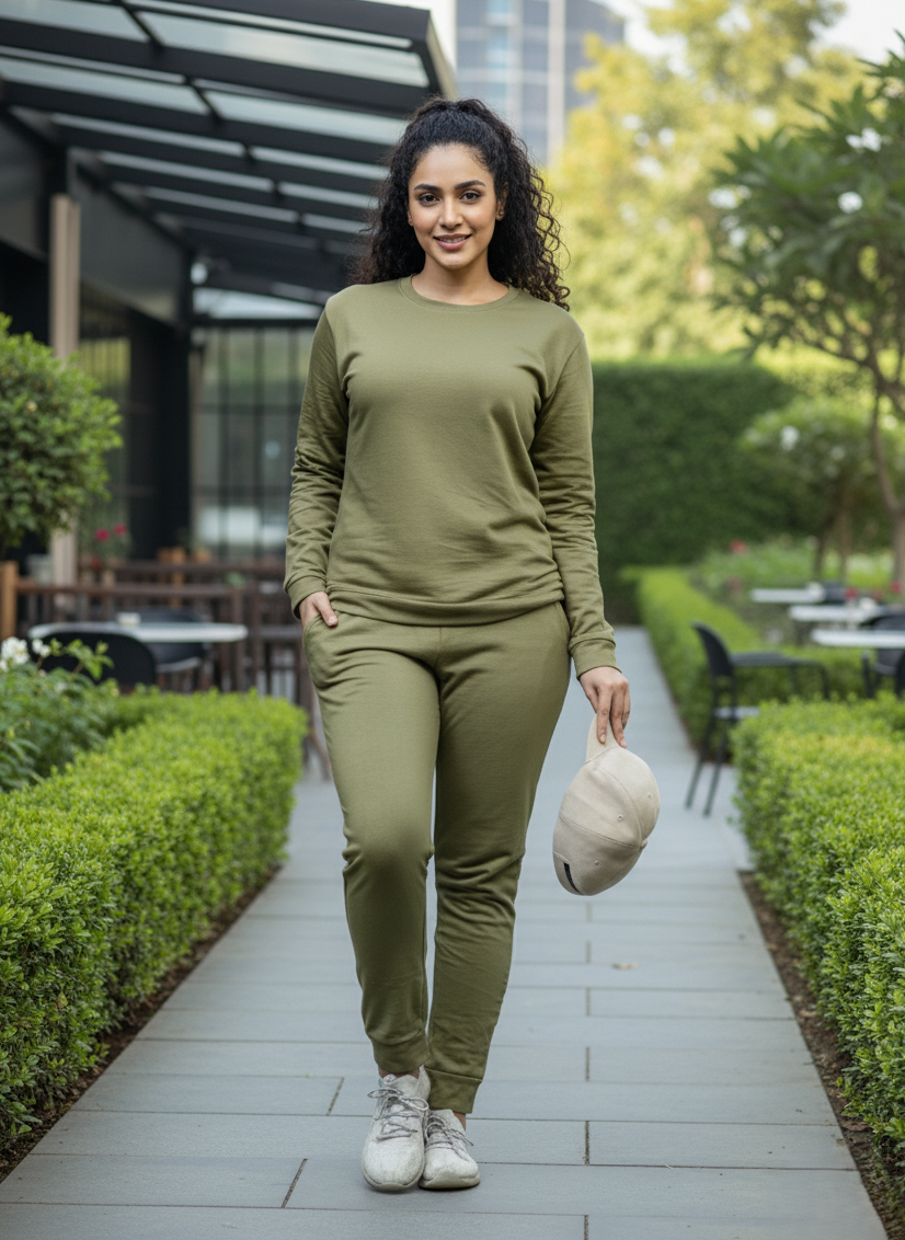 Olive Green Hosiery Cotton Branded Track Suit for Women