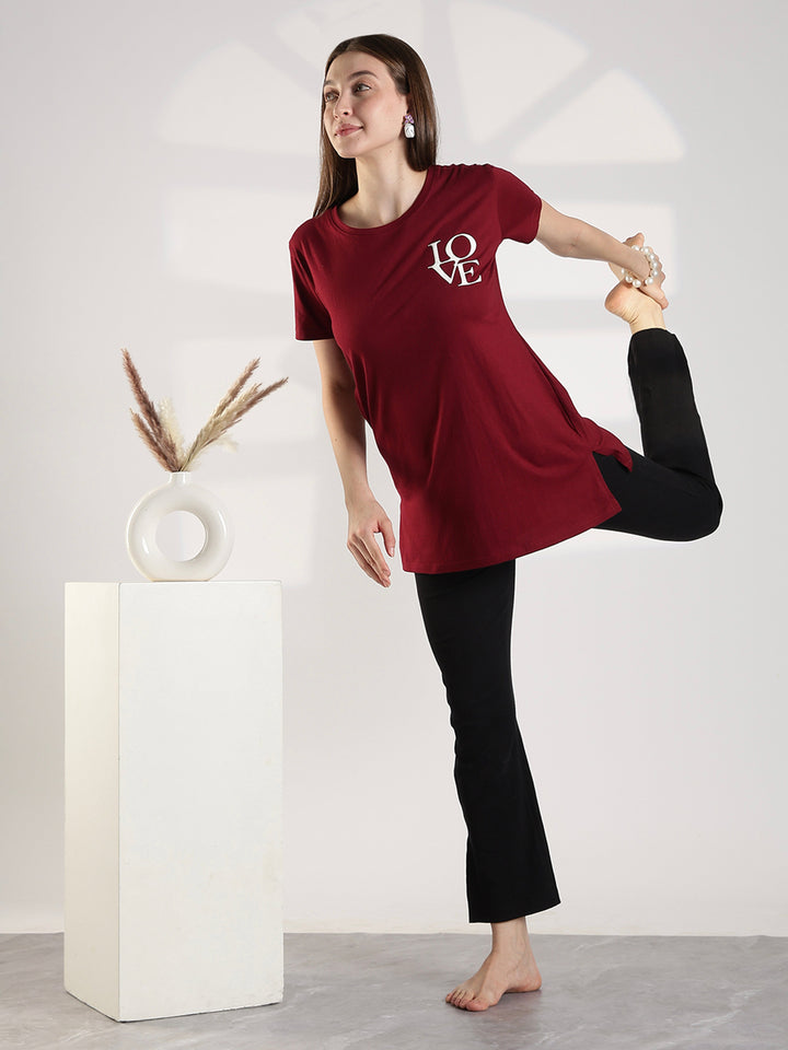 Maroon Cotton Long T Shirt for Women with Pocket