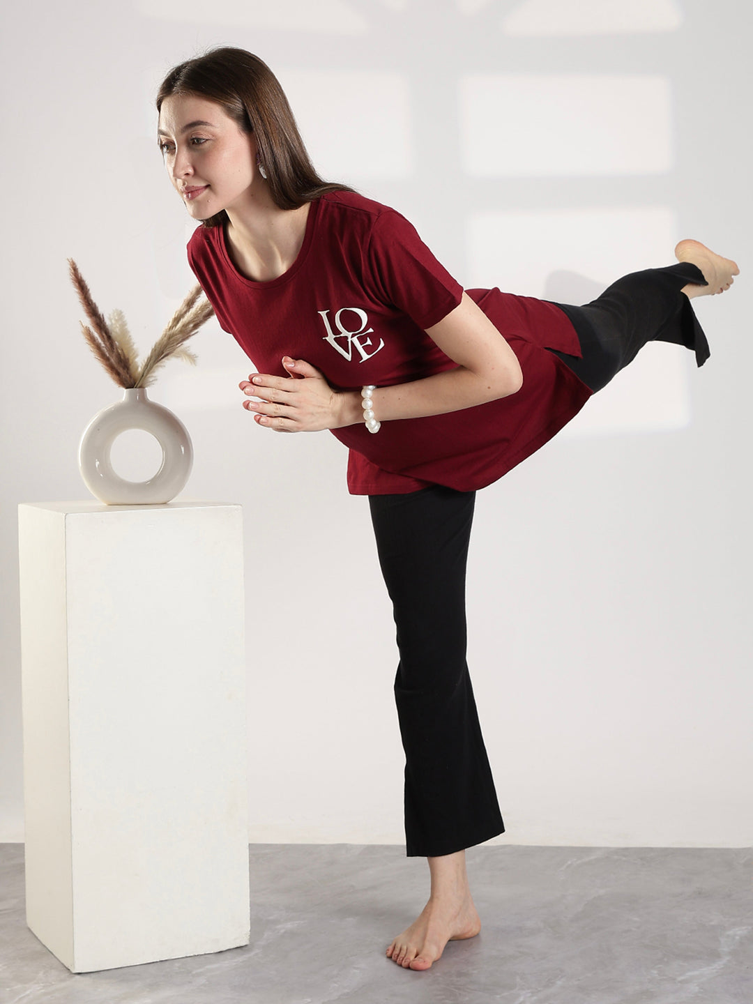 Maroon Cotton Long T Shirt for Women with Pocket