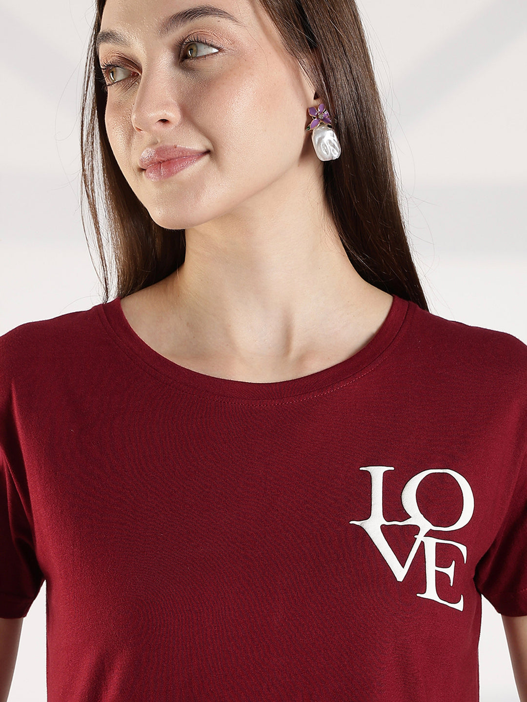 Maroon Cotton Long T Shirt for Women with Pocket