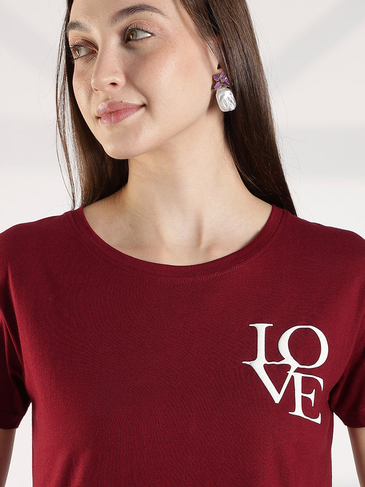 Maroon Cotton Long T Shirt for Women with Pocket