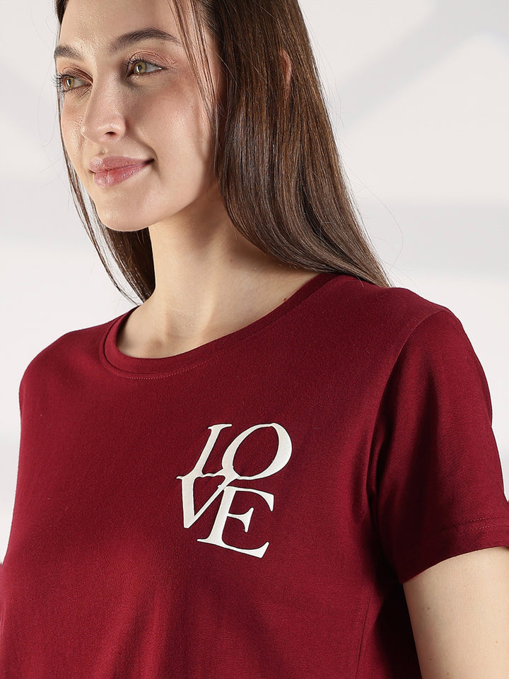 Maroon Cotton Long T Shirt for Women with Pocket