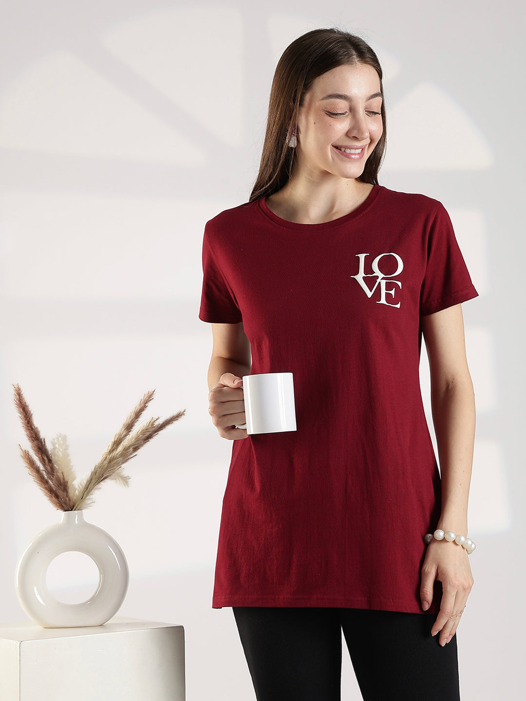 Maroon Cotton Long T Shirt for Women with Pocket