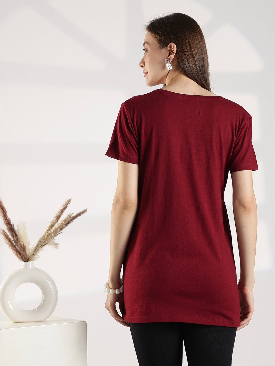 Maroon Cotton Long T Shirt for Women with Pocket