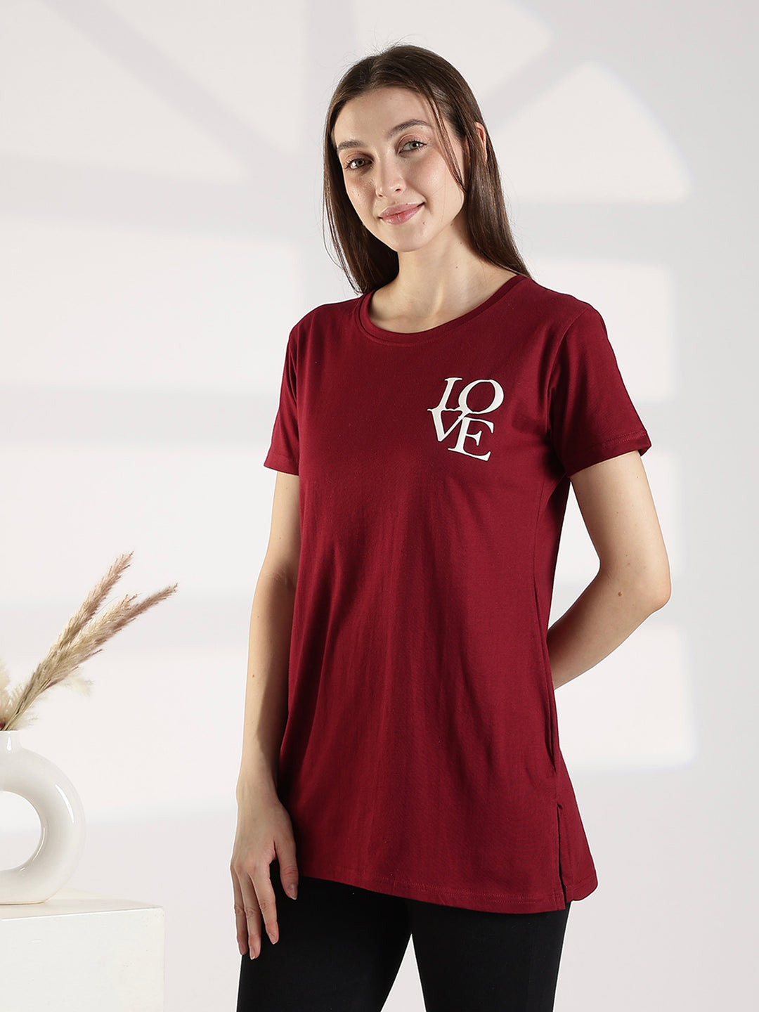 Maroon Cotton Long T Shirt for Women with Pocket