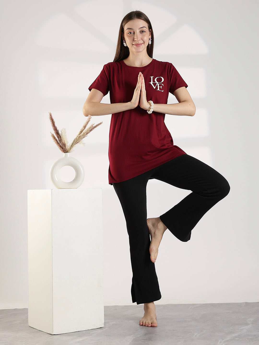 Maroon Cotton Long T Shirt for Women with Pocket