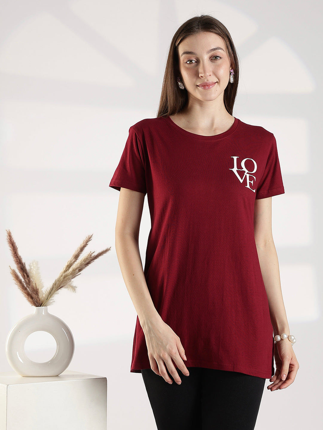 Maroon Cotton Long T Shirt for Women with Pocket