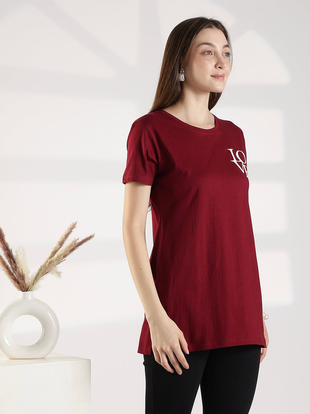 Maroon Cotton Long T Shirt for Women with Pocket