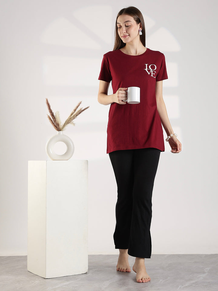 Maroon Cotton Long T Shirt for Women with Pocket