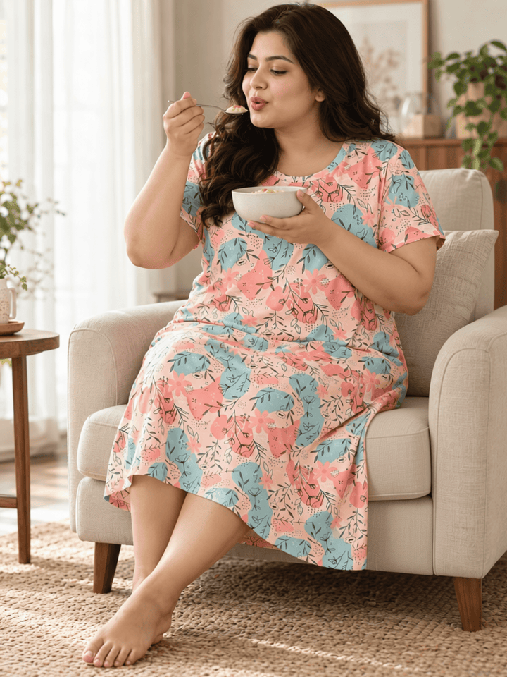 Peachy sketch botanical print short nightdress for women