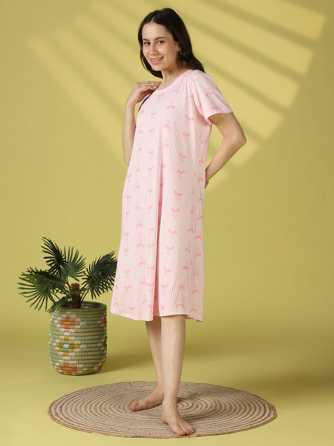 Pink bow print gloss malai short nighty dress for women