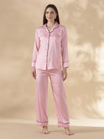 Paris Pink Satin Long Sleeve Loungewear And Pajama Set with Soft Sheen