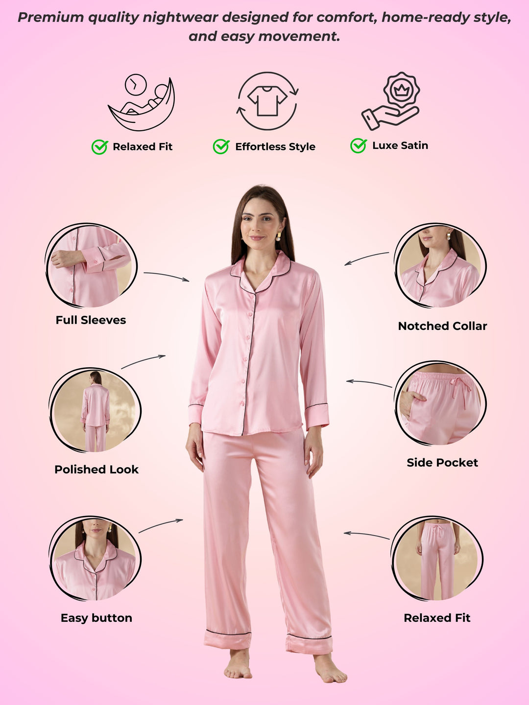 Paris pink long sleeve best satin pajama sets for women