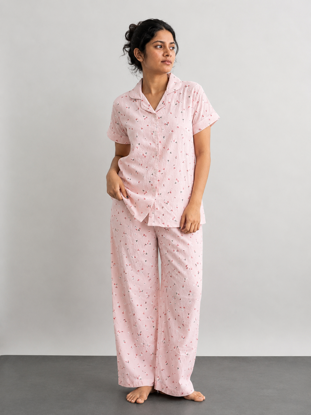 pink ditsy floral comfortable pajama sets for women