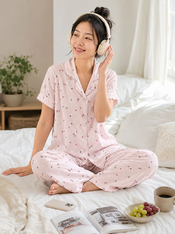 pink ditsy floral comfortable pajama sets for women