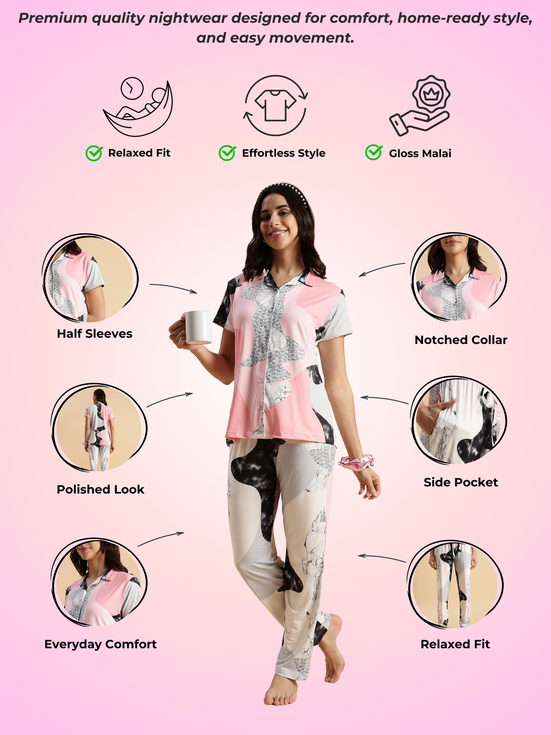 Pink paw puff gloss malai modern loungewear set for women