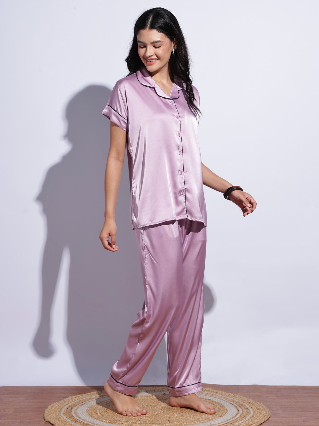 Womens satin pyjama set with classic lapel collar online