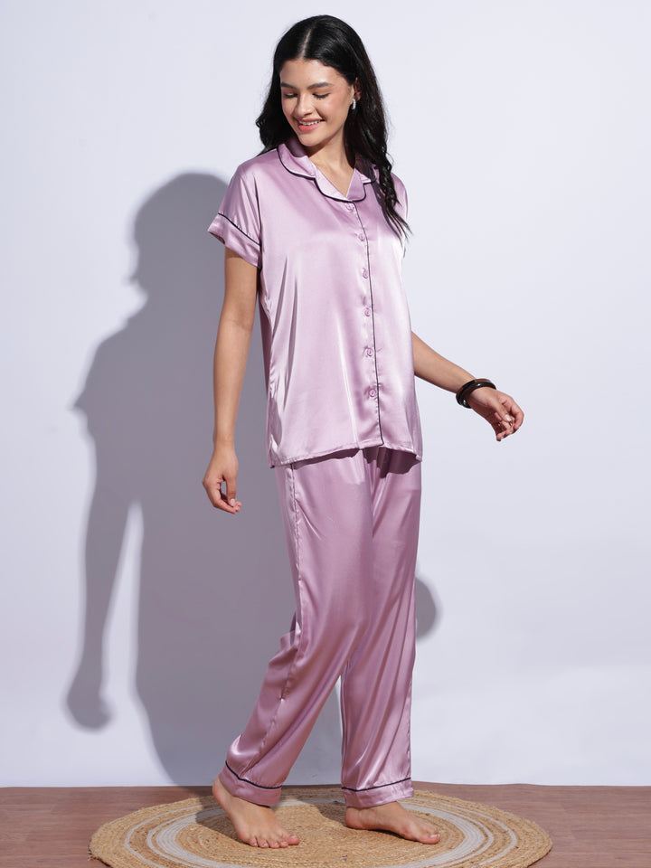 Womens satin pyjama set with classic lapel collar online