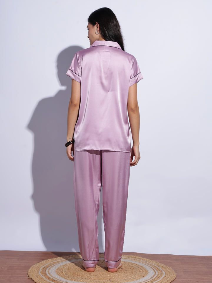 Womens satin pyjama set with classic lapel collar online