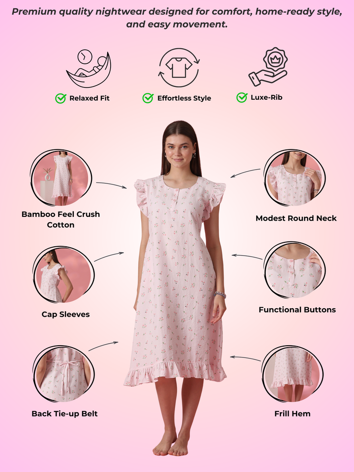 Pastel pink floral crush cotton short nighty for women