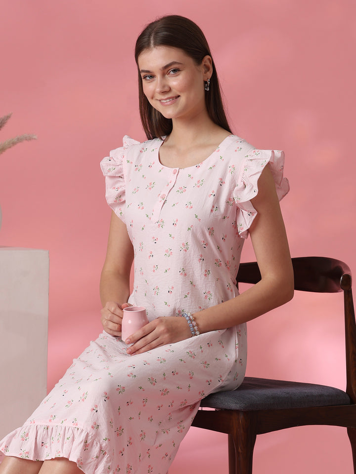 Pastel pink floral crush cotton short nighty for women