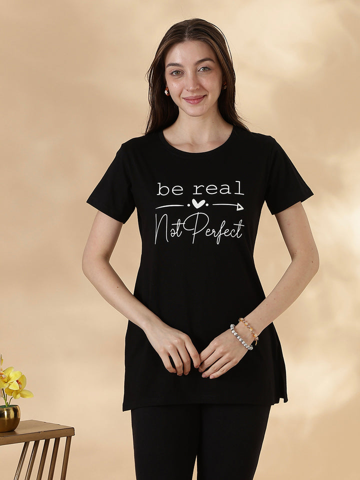 Black cotton plus size long t-shirt for women with pocket