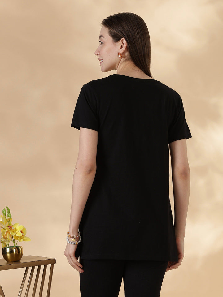 Black cotton plus size long t-shirt for women with pocket