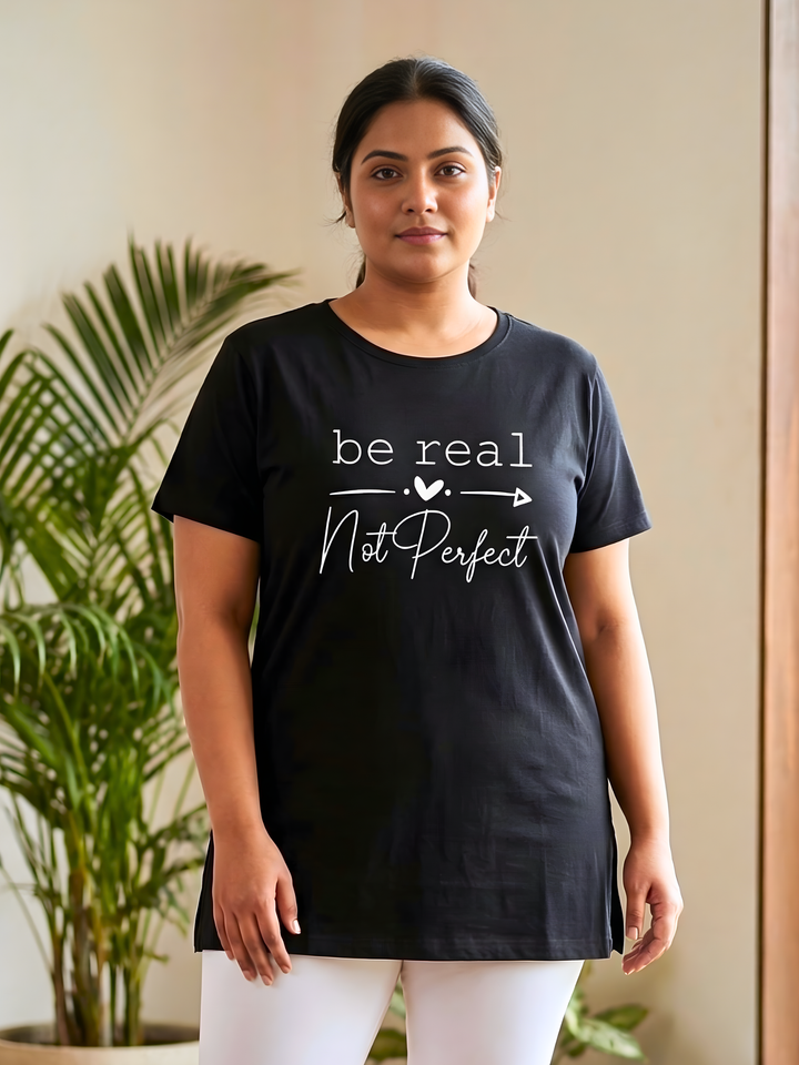 Black cotton plus size long t-shirt for women with pocket