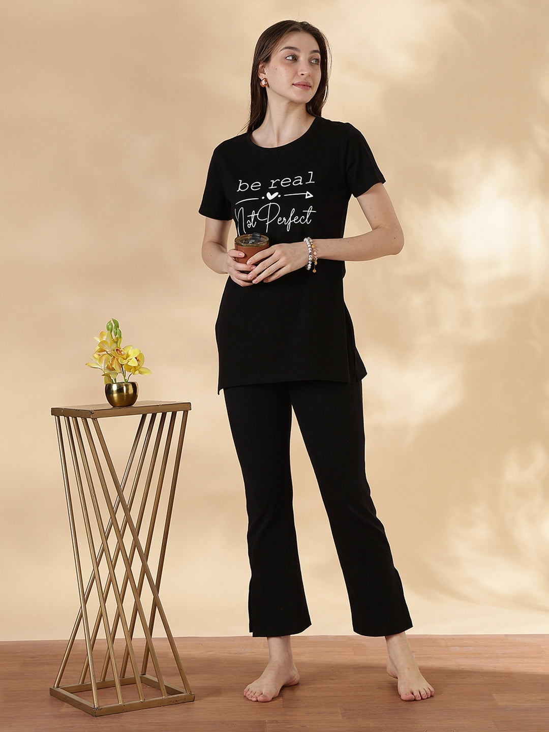 Black cotton plus size long t-shirt for women with pocket