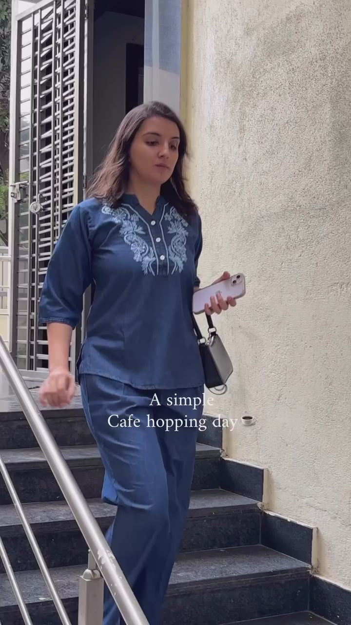 Dark Blue Denim Co Ord Set for Women with Floral Embroidery