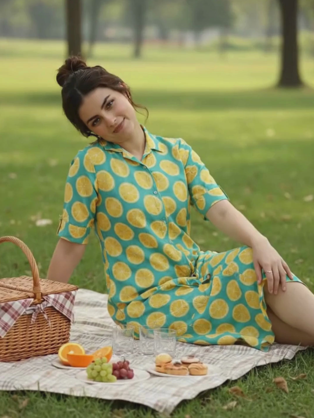 Green yellow buttoned midi length plus size dress for women