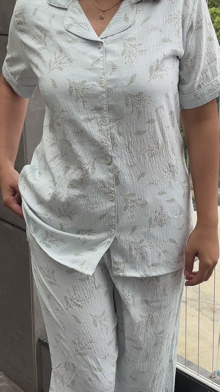Pastel Blue Botanical Print Co Ord Dreamy Sleepwear Set for Women