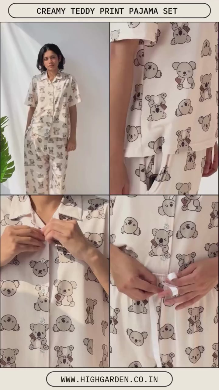 Creamy Teddy Print Pajama Set | Soft Lycra Cute Loungewear