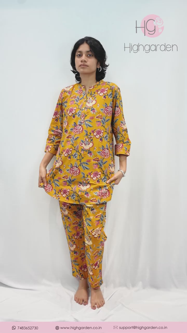Marigold Yellow Floral Cotton Co-ord Set for Women Pyjama Style