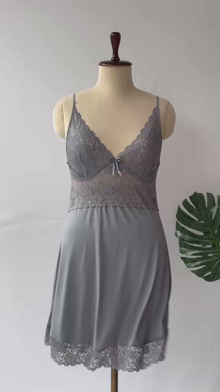 Silver Serenity Malai Bridal Lace Babydoll Nightdress