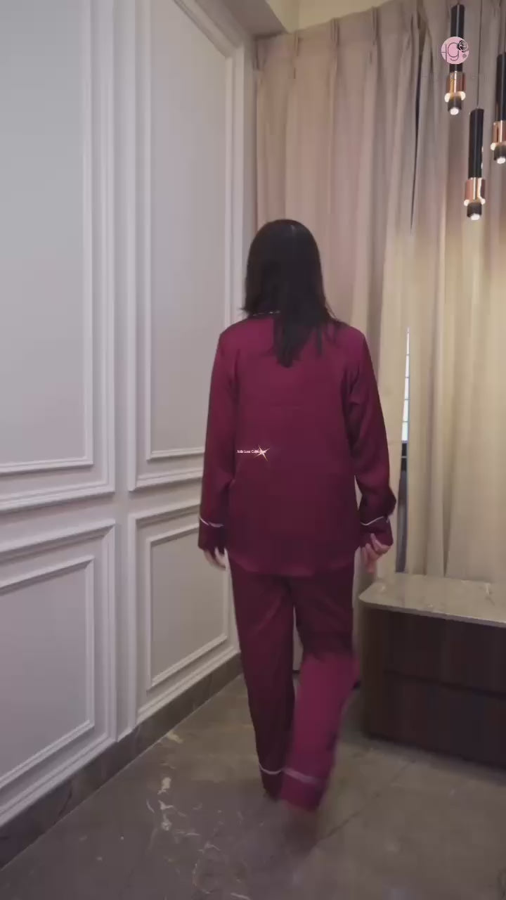 Royal Maroon Satin Long Sleeve Night Suit Set with Rich Finish