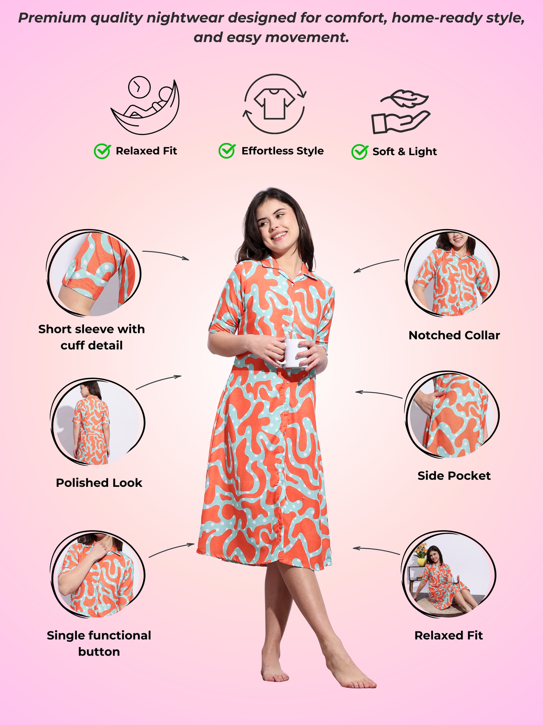 Zest glow a-line genz style printed modern nighty for women