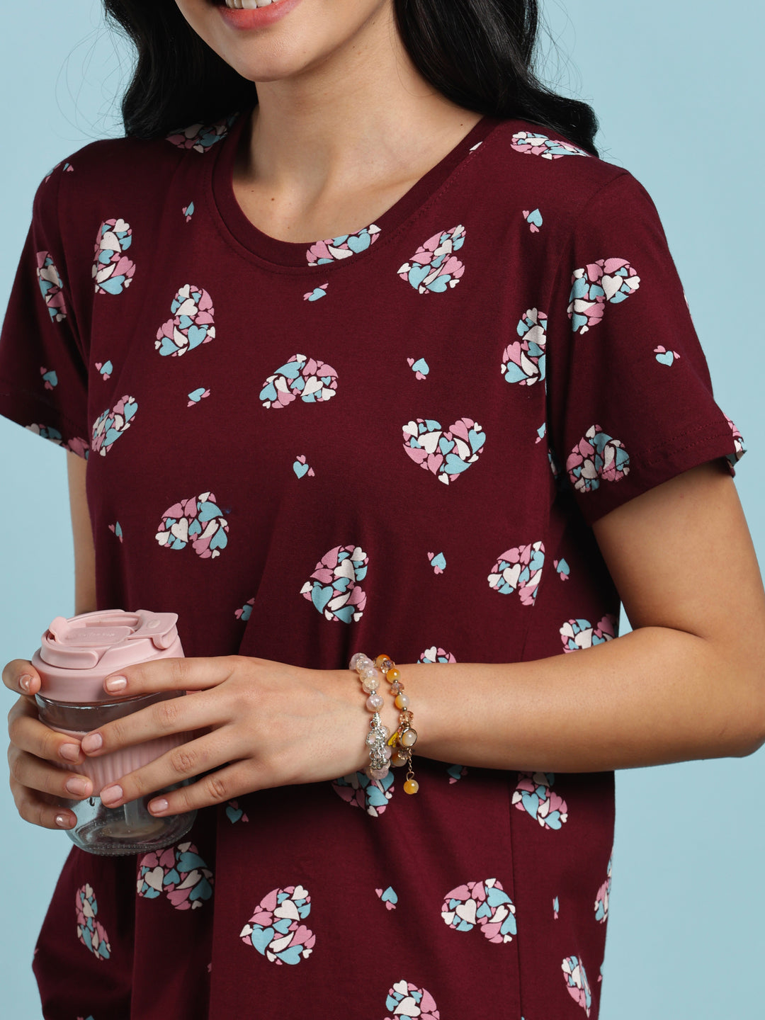 Maroon heart printed short nighty for women online