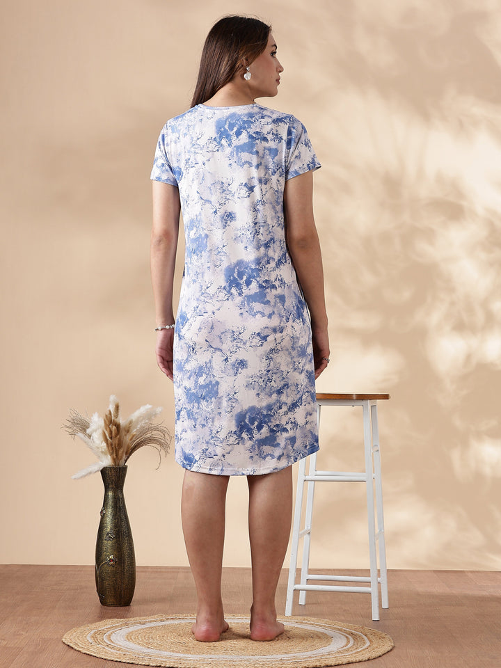 Gloss malai cloud marble blue knee length nighty for women