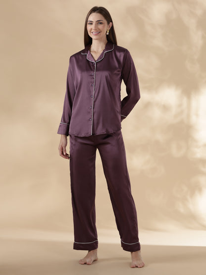 Royal purple long sleeve premium satin night suit for women