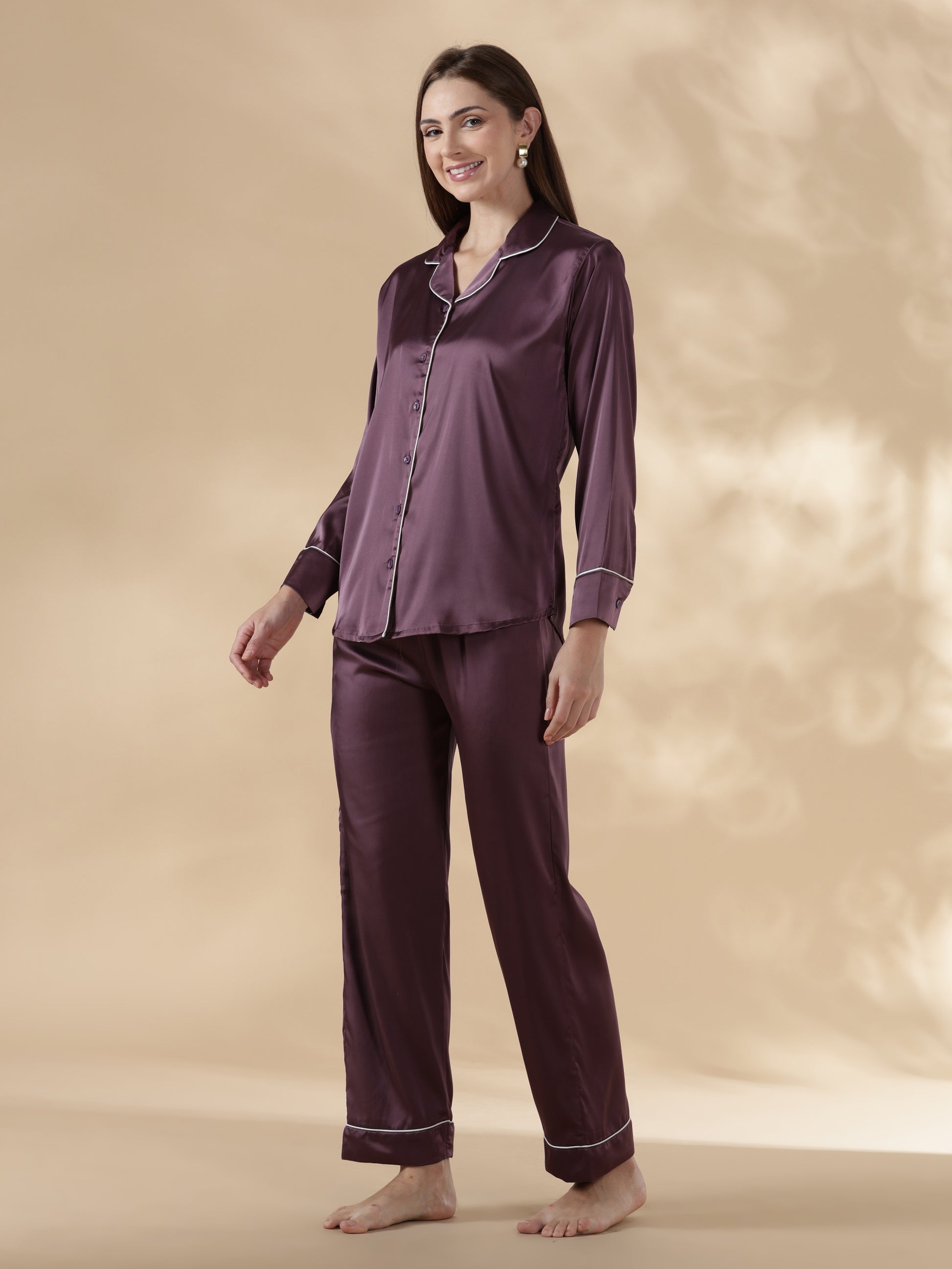 Royal purple long sleeve premium satin night suit for women