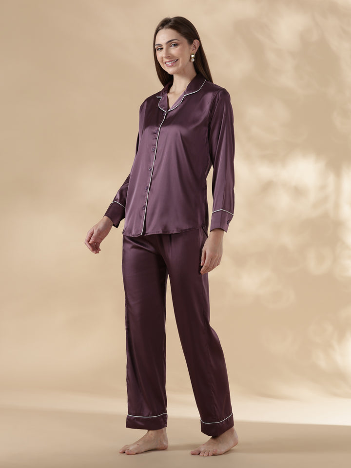 Royal purple long sleeve premium satin night suit for women