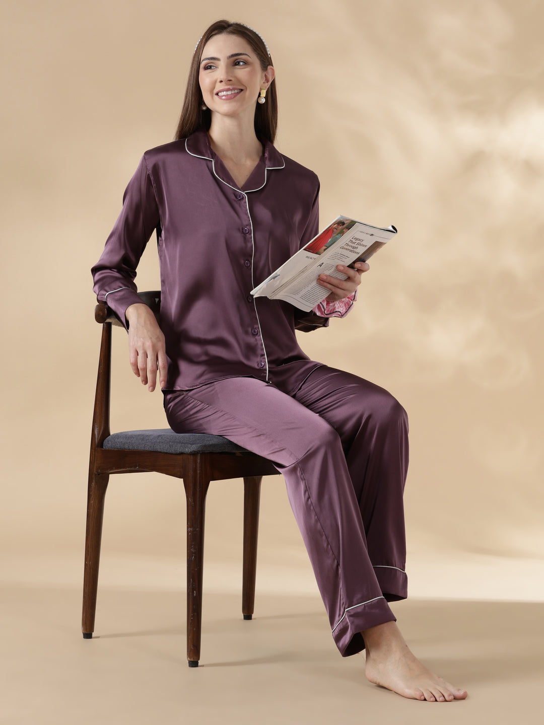 Royal purple long sleeve premium satin night suit for women