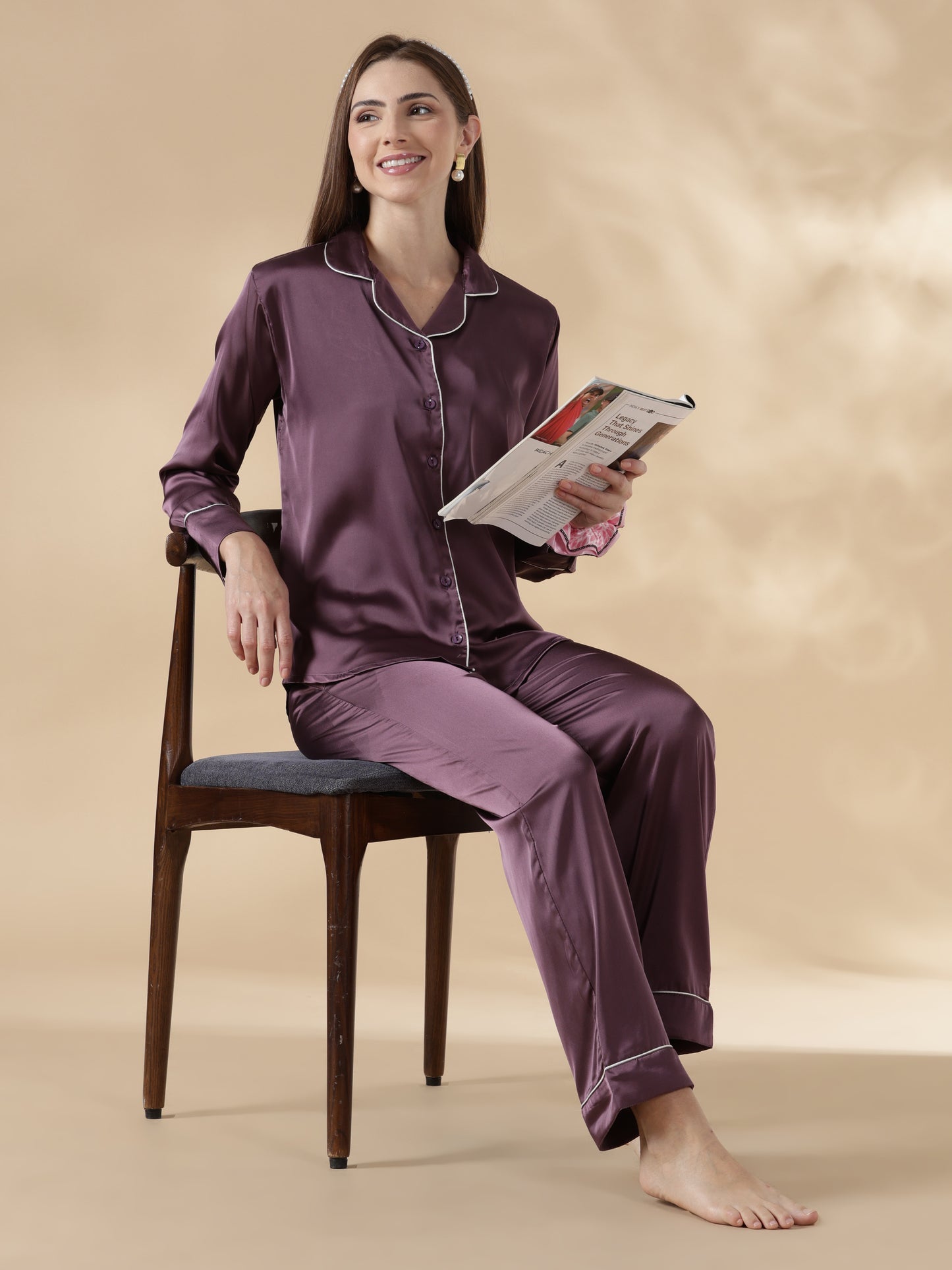Royal purple long sleeve premium satin night suit for women