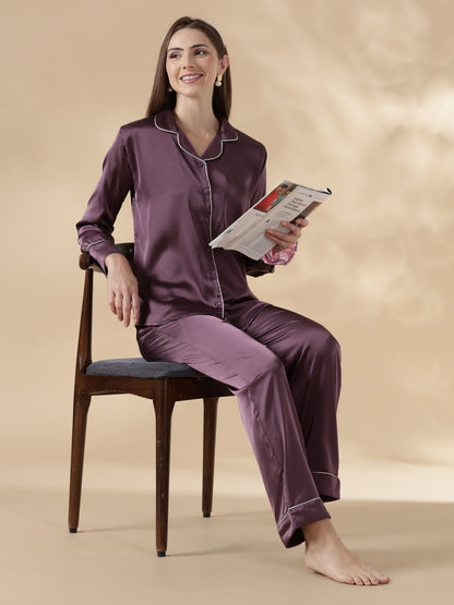 Royal purple long sleeve premium satin night suit for women