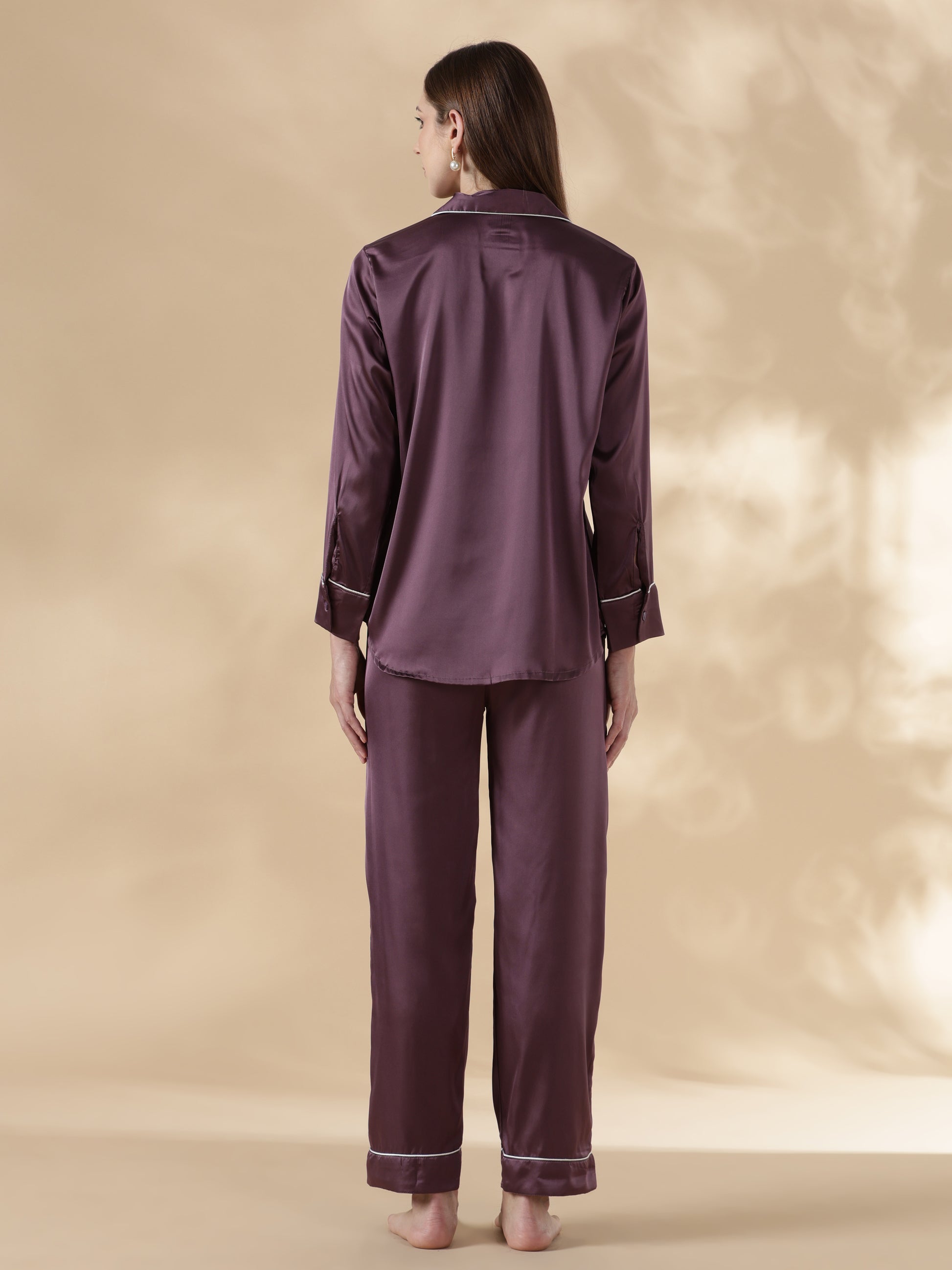 Royal purple long sleeve premium satin night suit for women