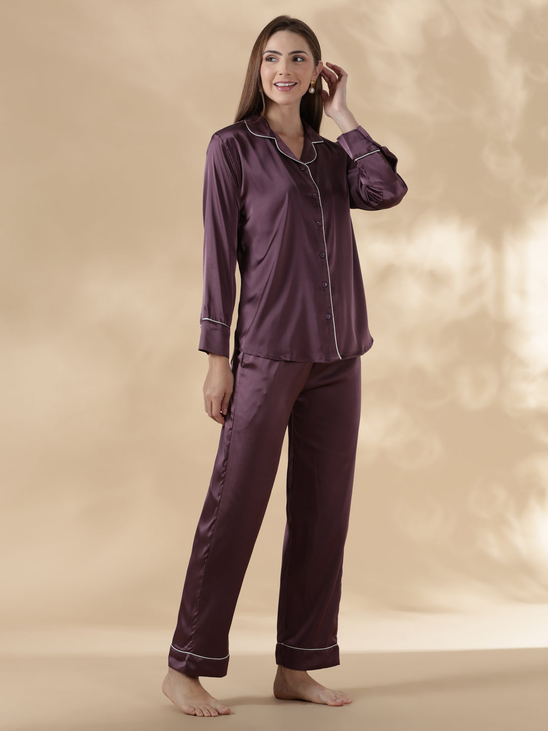 Royal purple long sleeve premium satin night suit for women