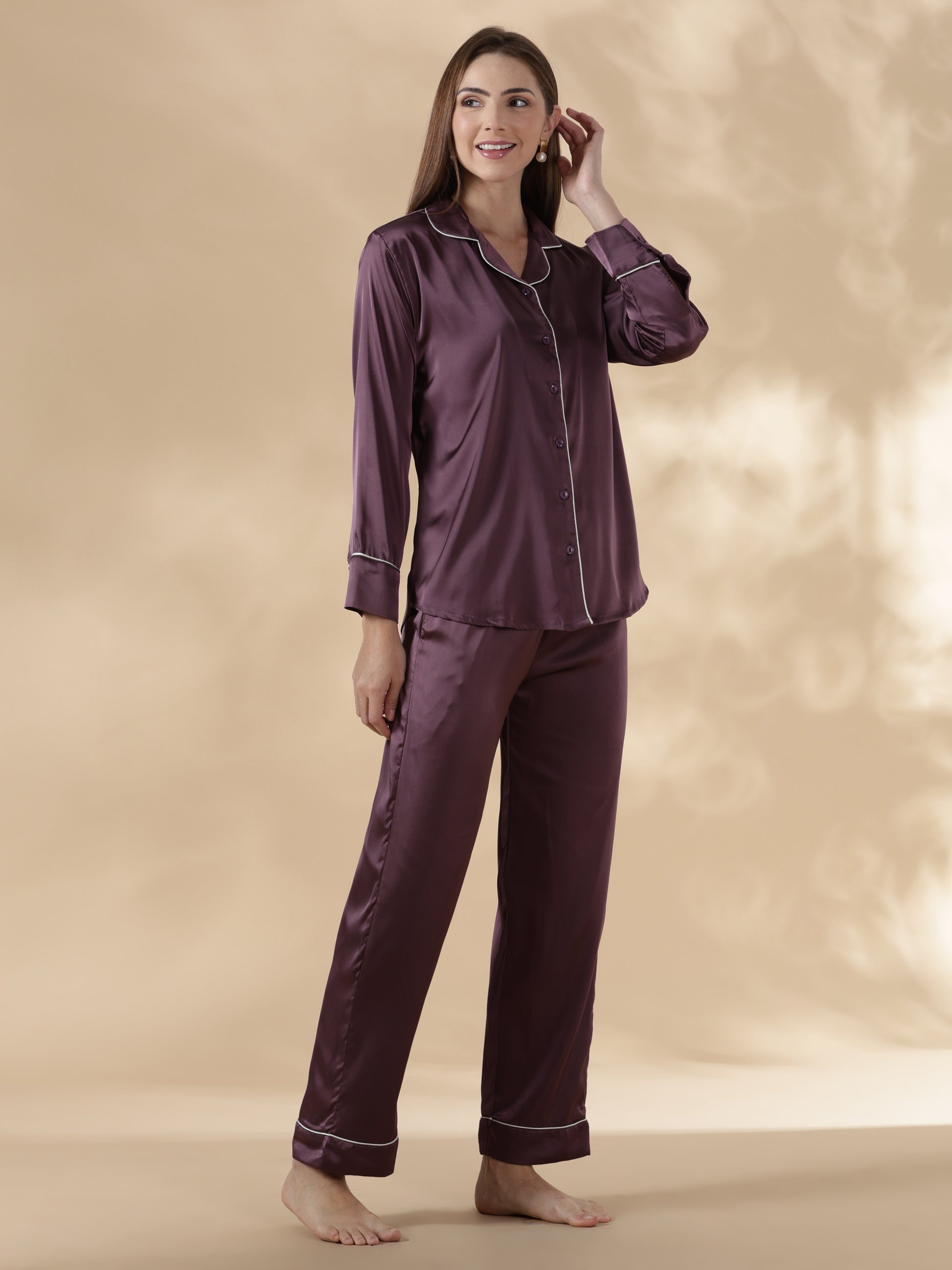 Royal purple long sleeve premium satin night suit for women