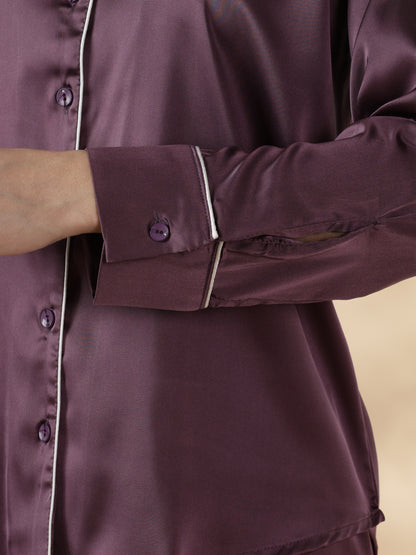 Royal purple long sleeve premium satin night suit for women