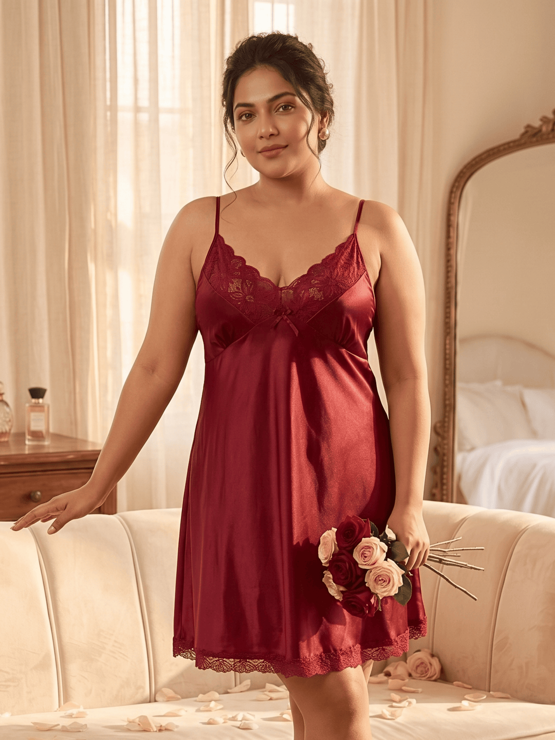 Luxury velvet rouge mulberry silk babydoll set for women